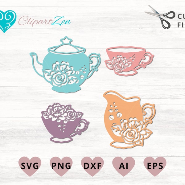 Floral Teapot svg, Teacup svg, Tea pot Flowers svg, Clipart, svg, png, dxf, eps, ai, Clipart, Vector, Cuttable | Cricut, Silhouette, Cameo