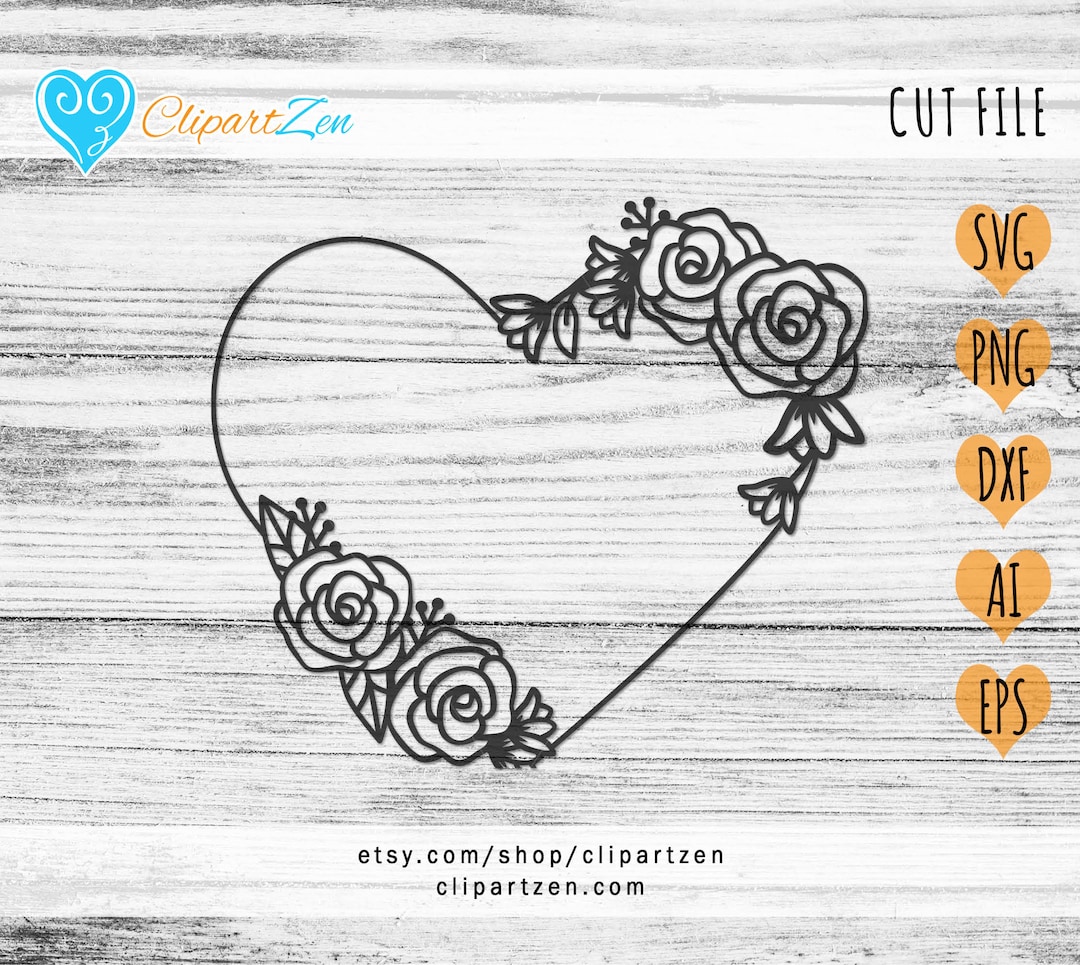 Rose Flower Floral Heart Wreath Frame Minimal Cut File, Svg, Png, Dxf ...