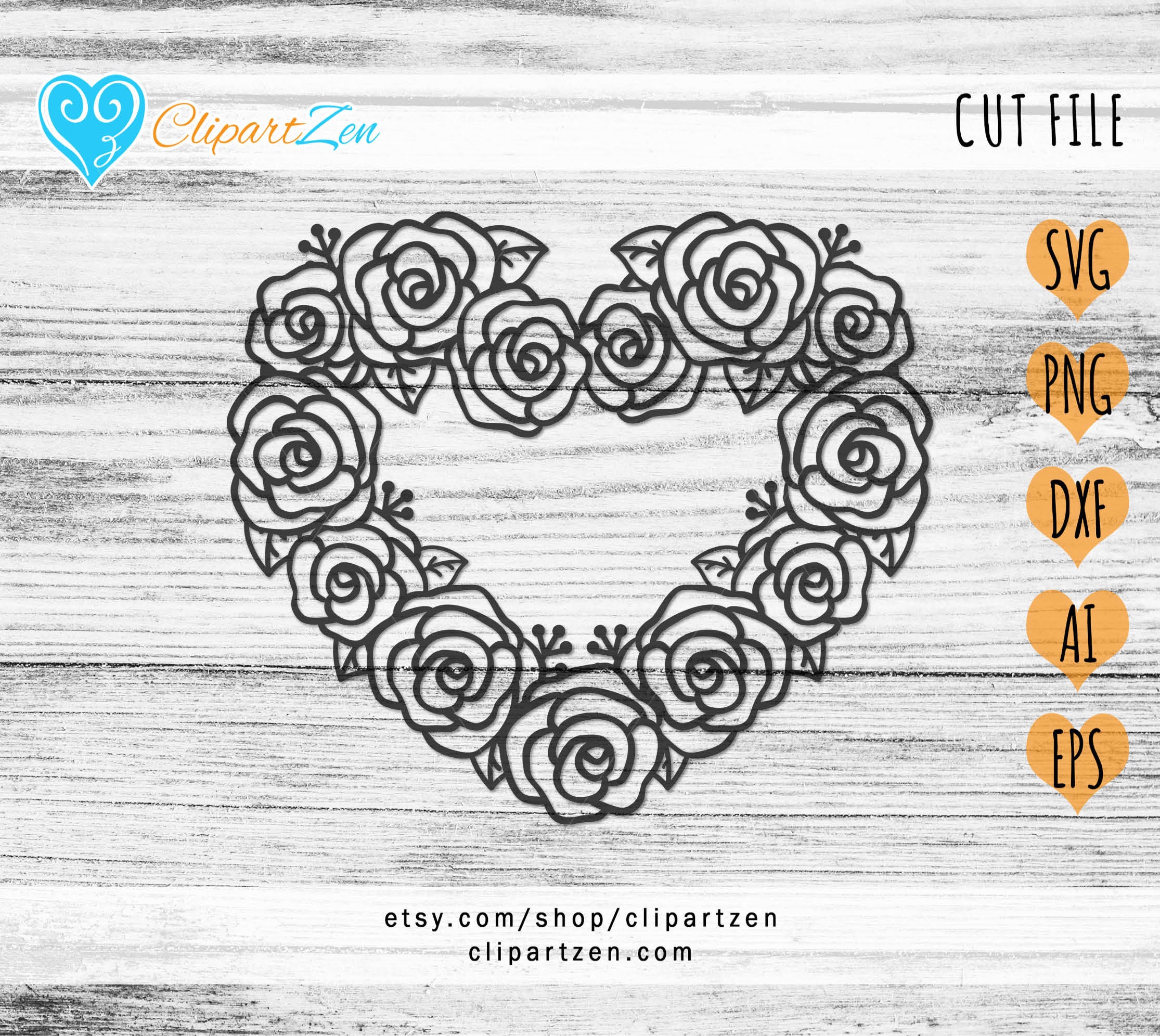 Rose Flower Floral Heart Wreath Frame Garland Cut File, Svg, Png, Dxf ...