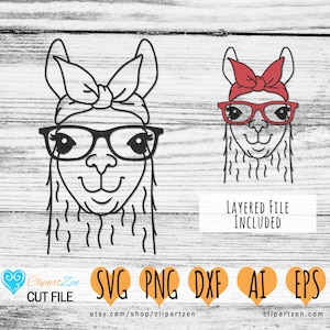 Lama met bril en bandana, mama moeder Nana booklover lama, alpaca face cut file, svg, png, dxf, eps, ai, Clipart | Cricut, Silhouet