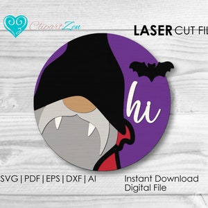 May include: A purple circle with a black and gray vampire gnome wearing a red cape and fangs. The gnome has a white beard and a black hat. The circle also has a black bat and the word "hi" in white text.