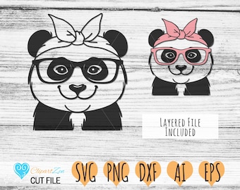 Cute Panda Face Head with Glasses and Bandana, Cut File, svg, png, dxf, eps, ai, Clipart, Vector Cuttable | Cricut, Silhouette, Cameo