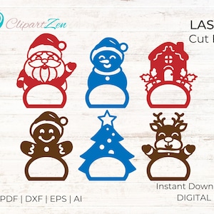 Weihnachtsfiguren Serviettenring Laser Cut File, svg, Weihnachtsmann, Schneemann, Lebkuchenhaus, Lebkuchenmann, Tannenbaum, Hirsch, Glowforge