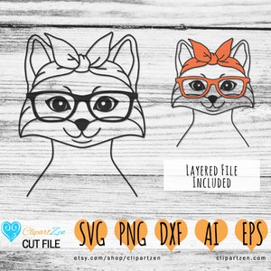 Cute Fox met bril en Bandana, Mama Nana Booklover, Woodland Fox Face Head Cut File, svg, png, dxf, eps, ai, Clipart| Cricut, Silhouet