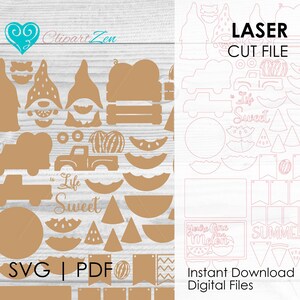 May include: A collection of laser cut files in a tan color, featuring gnomes, trucks carrying watermelons, watermelon slices, and banners. Text includes "Life is Sweet", "You're One in a Melon", and "Summer". The files are available in SVG and PDF formats.