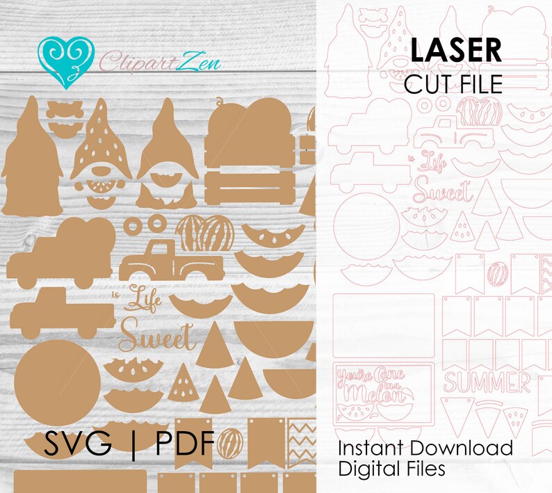 May include: A collection of laser cut files in a tan color, featuring gnomes, trucks carrying watermelons, watermelon slices, and banners. Text includes "Life is Sweet", "You're One in a Melon", and "Summer". The files are available in SVG and PDF formats.