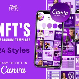 24 NFT Crypto Social Media Templates Canva, NFT Instagram, NFTs, Crypto, Infographics, tokens, non-fungible, blockchain, metaverse instagram