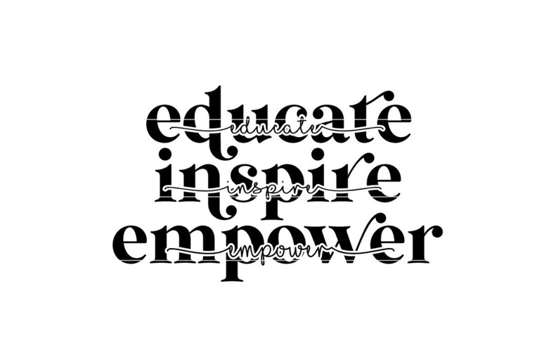 Puede incluir: Gr&aacute;fico de tipograf&iacute;a en blanco y negro con las palabras "educar", "inspirar" y "empoderar" en una fuente en negrita y estilizada. Las palabras est&aacute;n subrayadas con una l&iacute;nea ondulada.