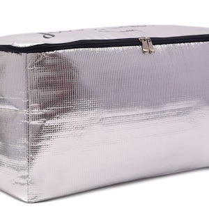 May include: A silver insulated cooler bag with a black zipper and a black handle. The bag is made of a material that is designed to keep items cold or hot.