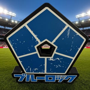May include: A blue and black pentagon-shaped object with the Japanese text "BLUELOCK" at the base. The object has a distressed design and is set on a green field, likely a soccer field.
