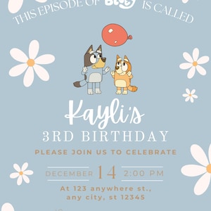 Bluey Geburtstagseinladung Vorlage, bearbeitbare Geburtstag einladen, druckbare Einladung zur Geburtstagsfeier, Bluey Party Thema, DIY Canva Vorlage