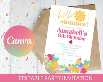 Hello Summer Birthday Party Editable Invitation | Digital Download | Summertime | Fun in the Sun | Pool Party | Digital Invitation