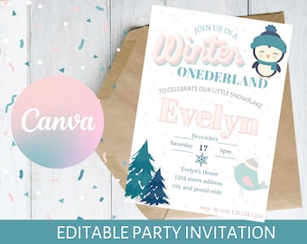Winter ONEderland Editable Printable Invitation / Winter Birthday Invite / First Birthday / Onederland / Canva Invite / Digital Download