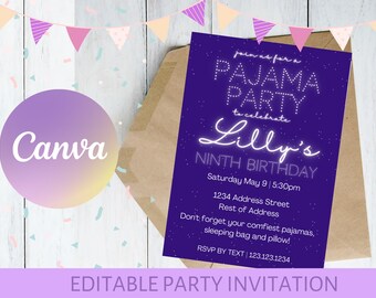 Pajama Party // Sleepover Invite // Digital Invite // Printable Pajama Invite // Canva Editable Invitation