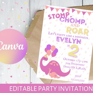 May include: A pink and purple dinosaur birthday party invitation with the text "Stomp, Chomp, and Roar. Let's party like a dinosaur. Evelyn is 2. October 7, 3-5 PM, 1234 Dino Street, Dino, ON L3R 9D3. RSVP 123.123.1234."