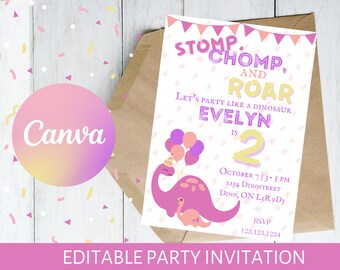 Utskrivbar inbjudan till rosa dinosaurie // redigerbar inbjudan till rosa dinosaurie // redigerbar Canva // digital nedladdning // dinosauriefödelsedag