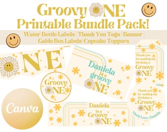 Groovy One utskrivbart redigerbart paket | Groovy födelsedag | Retro | Flicka | Digitala nedladdningar | Första födelsedag