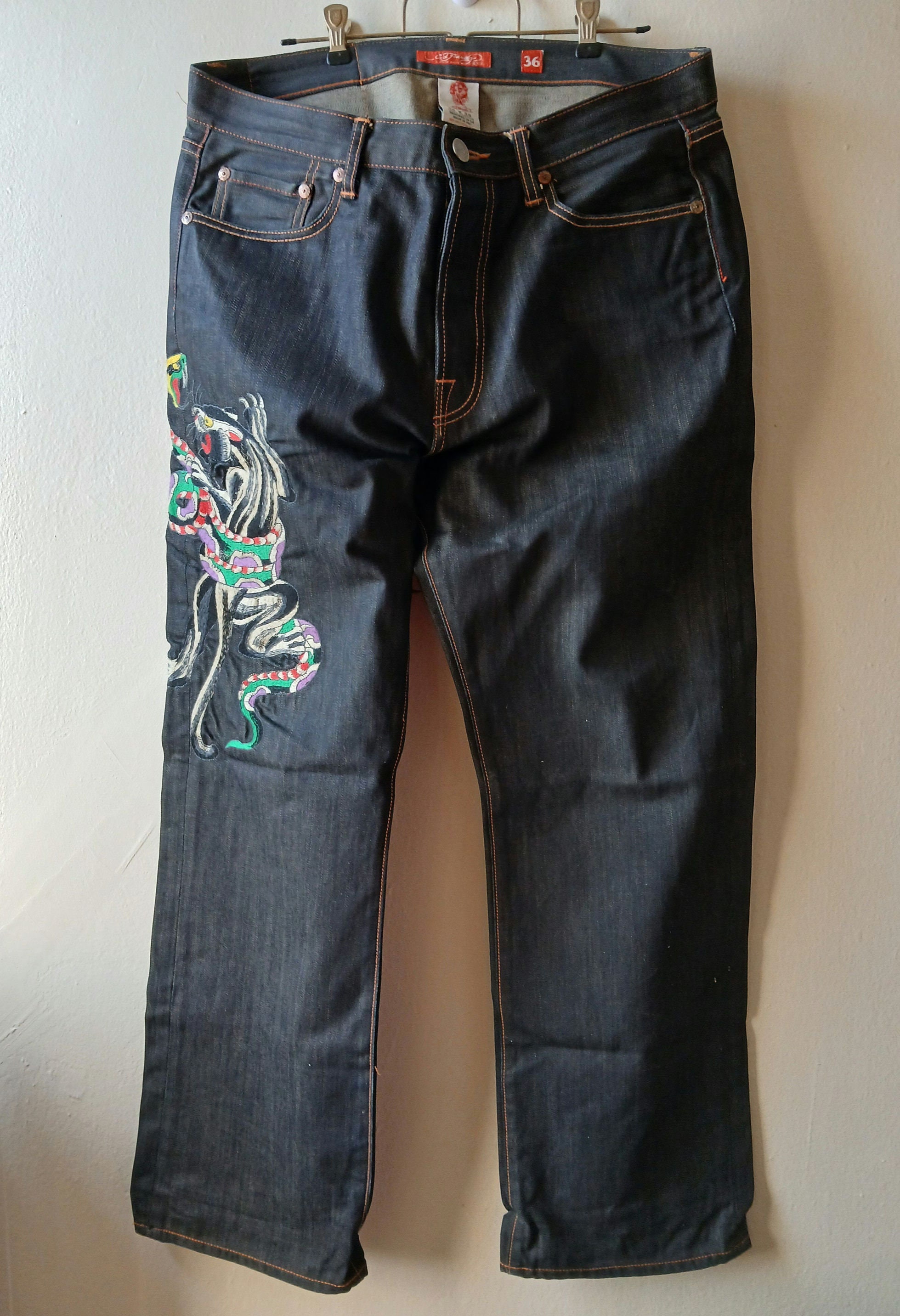 Ed hardy jeans エドハーディー デニム y2k 36 Rare Pinup girl on panther 🐆 Ed Hardy jeans size 36x32 One