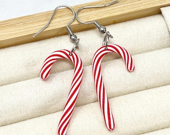 Classic Candy Cane Dangle Earrings | Handmade Polymer Clay Jewelry | Red and White Peppermint Christmas