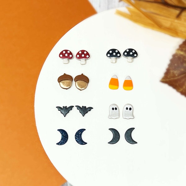 Halloween Stud Earring Pack- Handmade Polymer Clay Fall Jewelry | Falloween | Bats, Moon, Witch Hat, Candy Corn, Mushroom, Ghosts, Acorns