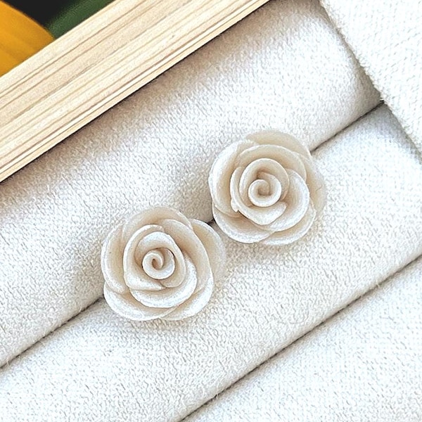 Pearl White Rose Stud Earrings | Lightweight, Handcrafted Polymer Clay Jewelry | Gift for Flower Gardener, Floral Botanical Post | Bridal