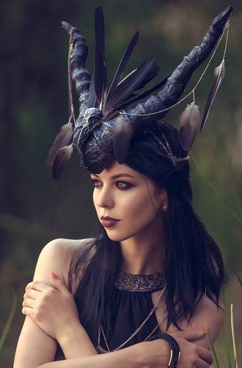 Demon Headdress Goat Horns Feather Headpiece Horned Headband Etsy