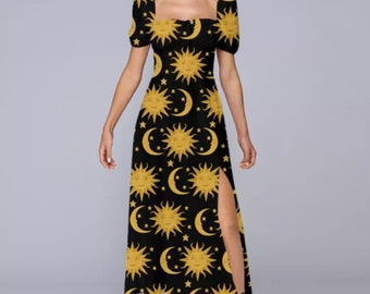 women's retro sun moon print hooded long sleeve dress