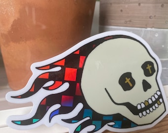 Death Comes Flaming Checkered Holographic Stickers