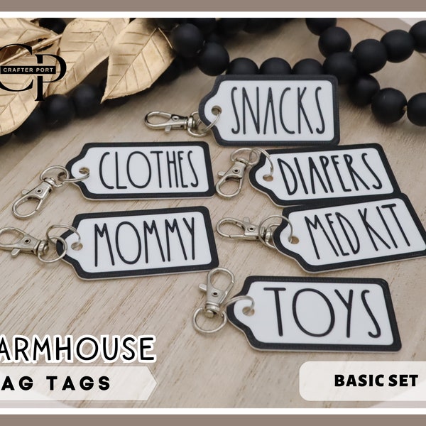 Farmhouse Bag Tags - BASIC SET: Keychain, Charms, Accessory, Name Label, Organizer for Diaper Bags, Kid Backpacks, Travel, Home