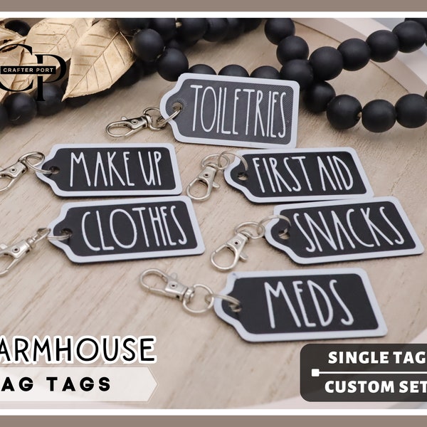 Farmhouse Bag Tags - SINGLE Tag/CUSTOM SET: Keychain, Charms, Accessory, Name Label, Organizer for Diaper Bags, Kid Backpacks, Travel, Home