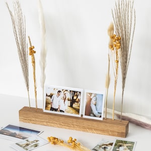 Wooden photo holder with dried flowers, XL, 30 cm, Instax, gift, photo bar, card stand, card holder, wedding, birthday