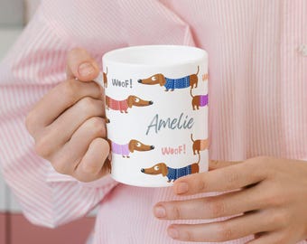 Keramiktasse Dackel mit Pullover, Motivtasse, personalisierbar, Tasse, Becher, Geschenk zum Geburtstag, 330ml, Hund, Dackel, lustig
