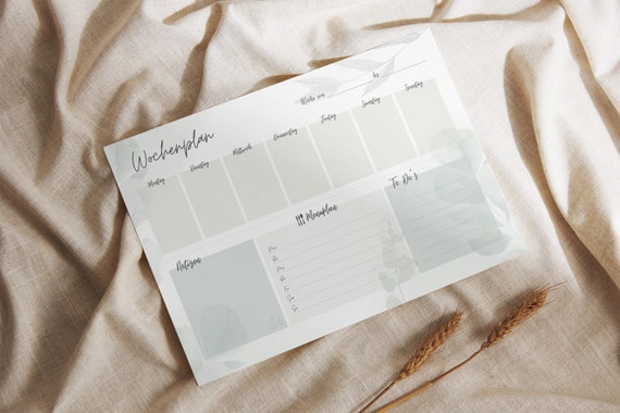 Wochenplaner Block im Eukalyptus Design, DIN A4, 25 Blatt, Monatsplaner, Planer, Organizer, Tagesplaner, Notizblock, To-Do Liste, Geschenk