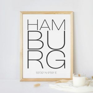 Poster: Hamburg, Koordinaten, Spruch, Bild, Wandbild, Foto, Rahmen, Deko, Wohnzimmer, Schlafzimmer, Typografie, Stadt