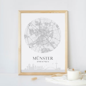 Poster: Münster Karte, Skyline, Koordinaten, Heimat, Spruch, Bild, Wandbild, Foto, Rahmen, Deko, Wohnzimmer, Schlafzimmer, Typografie, Stadt