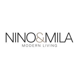 Puede incluir: Logotipo en blanco y negro para Nino & Mila, una empresa de decoraci&oacute;n moderna.