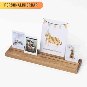 Kartenhalter aus Holz, Eiche, mit Gravur, 30 cm, Polaroid, Fotoständer, Fotogeschenk, Fotoleiste, Karten, Fotohalter, Hochzeit, Geburtstag