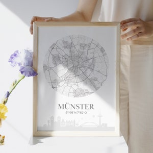 Poster: Münster Karte, Skyline, Koordinaten, Heimat, Spruch, Bild, Wandbild, Foto, Rahmen, Deko, Wohnzimmer, Schlafzimmer, Typografie, Stadt