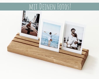 Fotohalter aus Holz, Eiche, personalisiert, 20 cm, Polaroid, Fotoständer, Geschenk, Fotoleiste, Gravur, Kartenhalter, Hochzeit, Geburtstag