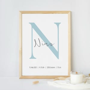Geburtsposter mit Namen des Kindes und Initialen, Daten, Gewicht, Größe, Geburt, Jungenname, Mädchenname, Deko für Kinderzimmer, Babyzimmer