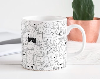 Taza de cerámica con caos gatuno, diseño reversible, estampado por todos lados, taza, vaso, regalo de cumpleaños, 330 ml, gatos, buscar imagen, divertida