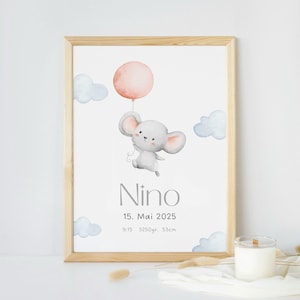 Geburtsposter mit Namen des Kindes, Daten, Gewicht, Größe, Geburt, Jungenname, Mädchenname, Deko für Kinderzimmer, Babyzimmer, Maus, Ballon