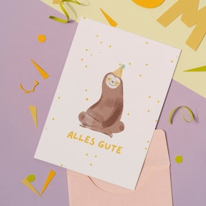 Karte "Alles Gute", Postkarte mit Faultier, Brief, Geburtstag, Kindergeburtstag, Geschenk, Lustig, Grußkarte
