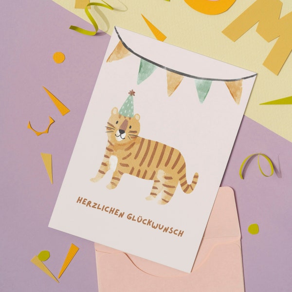 Karte "Herzlichen Glückwunsch", Postkarte mit Tiger, Brief, Geburtstag, Kindergeburtstag, Geschenk, Lustig, Grußkarte