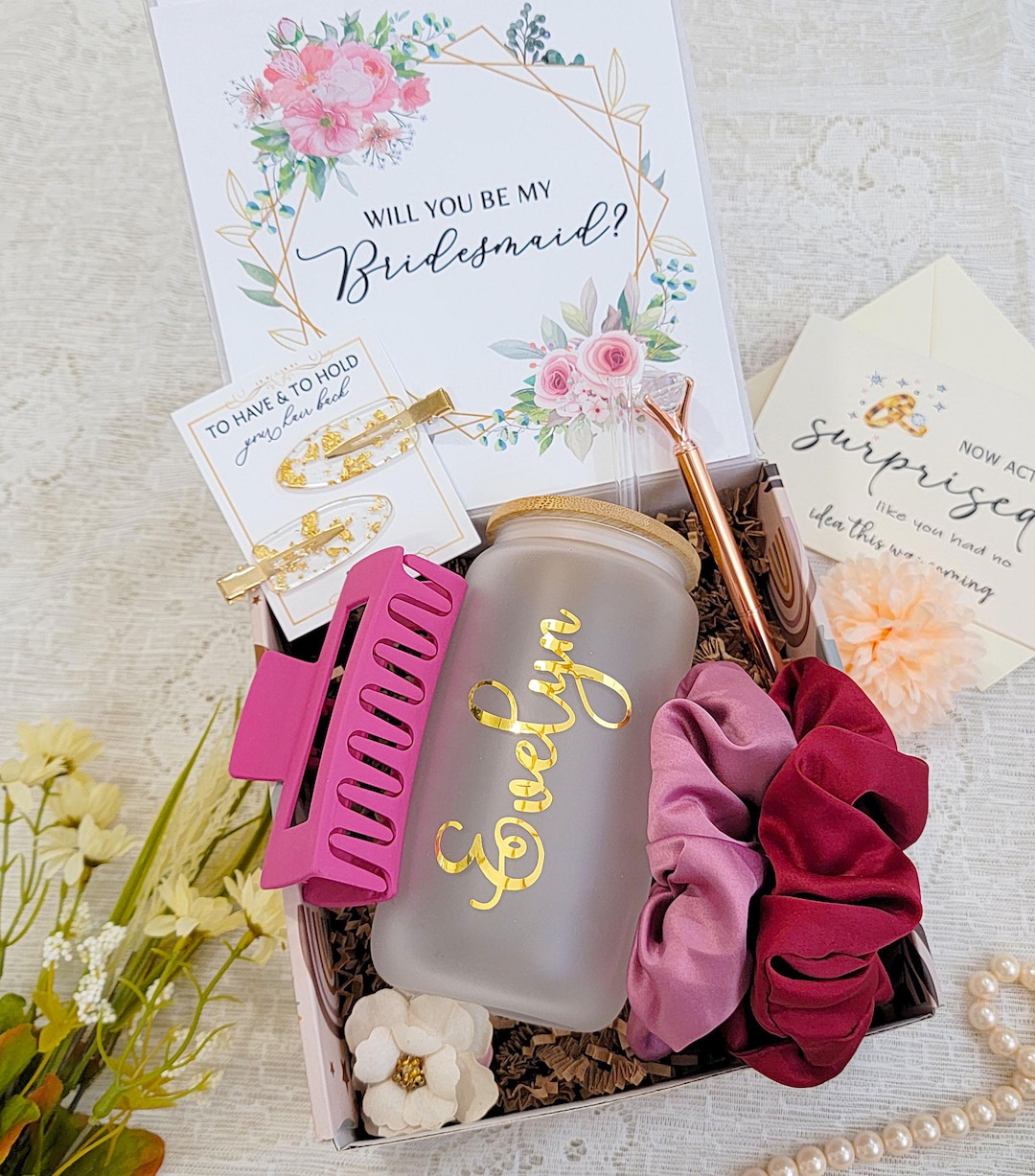 Bridesmaid Proposal Gift Set: Personalized Tumbler, Satin Scrunchies ...