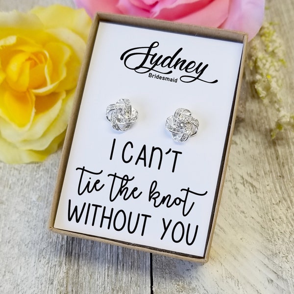 Bridesmaid proposal, Personalized gift box, I can't tie the knot without you, Maid of honor knot earrings in Gold, Silver and Rose Gold