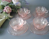 8 pc. Vintage Pink Glass Hobnail Cups Saucers