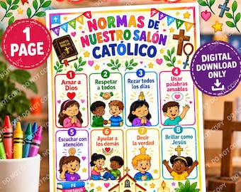 Spanish Catholic Classroom Rules Poster, Normas del Salón Católico, Christian School and Sunday School Decor, Digital Printable
