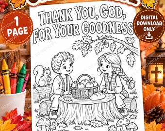 Christian Thanksgiving Coloring Page, Thank You God for Your Goodness, Autumn Picnic Printable, Sunday School Activity