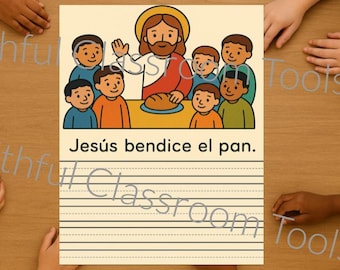 Jesús Bendice el Pan Spanish Catholic Worksheet | Christian Handwriting Practice | Spanish Bible Writing Activity for Kids
